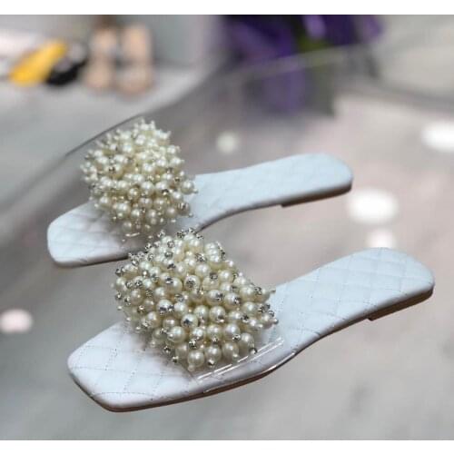 2021 New Fashion Pearl Plated Women Slippers Sandal Luxury Spring Summer High Quality Made in Turkey Red Brown White Black Color