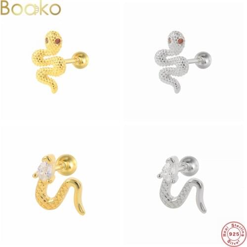 BOAKO Real S925 Sterling Silver Sknae Stud Earrings For Women Zircon Punk Party Piercing Cartilage Earrings Gifts Fine Jewelry