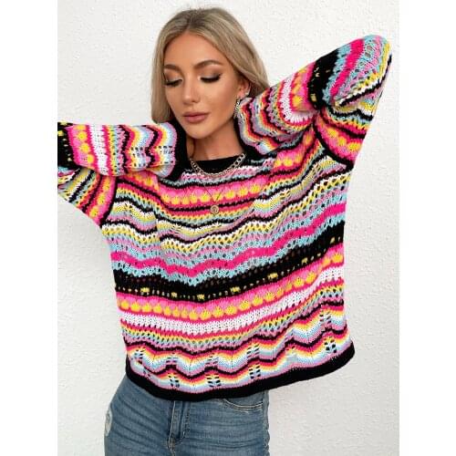 Women Spring Autumn Hollow Out Rainbow Patchwork Sweaters Fashion Long Sleeve O-Neck Pullover Cardigan Tops Loose Outerwear