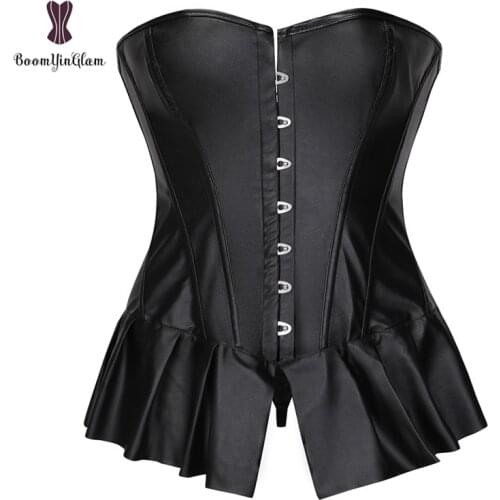 Black Womens Faux Leather Goth Bustier Corset Dress Bodyshaper Clubwear Lingerie Mini Dress