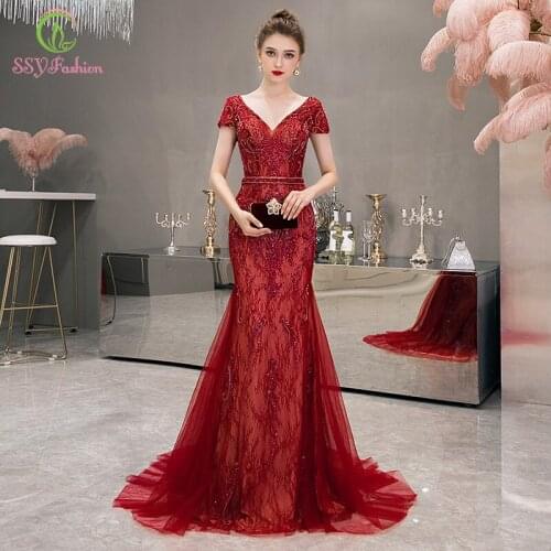 SSYFashion New High-end Evening Dress The Bride Noble Luxury Red V-neck Crystal Beading Mermaid Long Formal Gown Robe De Soiree
