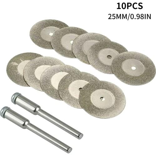 10pcs Diamond Cutting Wheel Sawing Bladings with 2 Connection Shanks 25mm/0.98in Cut-off Cutter Discs for Dremel Rotary Tool