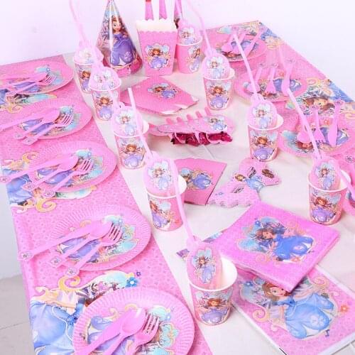 180Pcs Cartoon Disney Sofia Theme Disposable Cup Plate Birthday Party Decoration Tableware Supplies For Kids