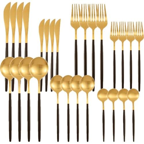 28pcs Cutlery Set Stainless Steel Matte Black Gold Tableware Dessert Knife Fork Tea Spoon Flatware Silverware Kitchen Dinnerware
