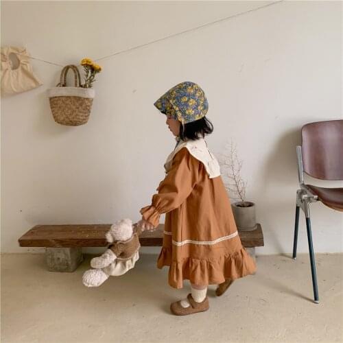 8515 Childrens Autumn Linen Dress 2021 New Dress Girls' Long Sleeve Contrast Dress Pastoral Lace Dress