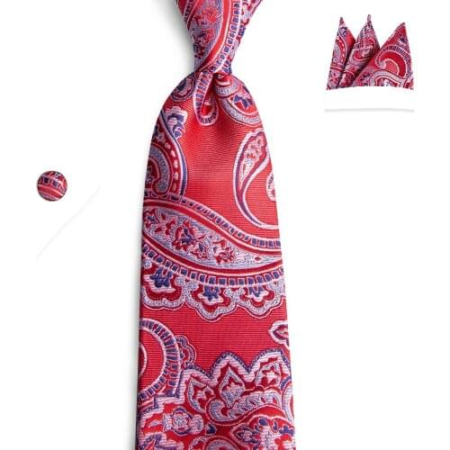 DiBanGu Neckties For Man 100% Silk Hand Made Classic Style Red Floral Pattern Ties Hanky Cufflinks Set For Wedding Party N-7107