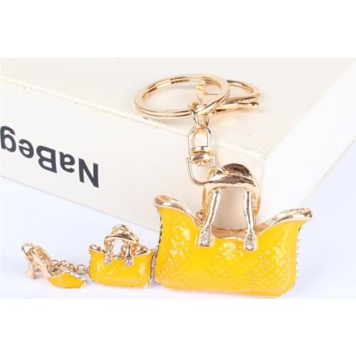 Two Gold Handbag Shoe Pendant Charm Rhinestone Crystal Keyring Key Chain for Purse Bag Carkey Wedding Party Lover Friend Gift
