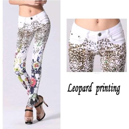 Young Girl Printing jeans woman Casual Pencil pants Washed Leopard Pattern Skinny Long women Jeans Capris White jeans Femme
