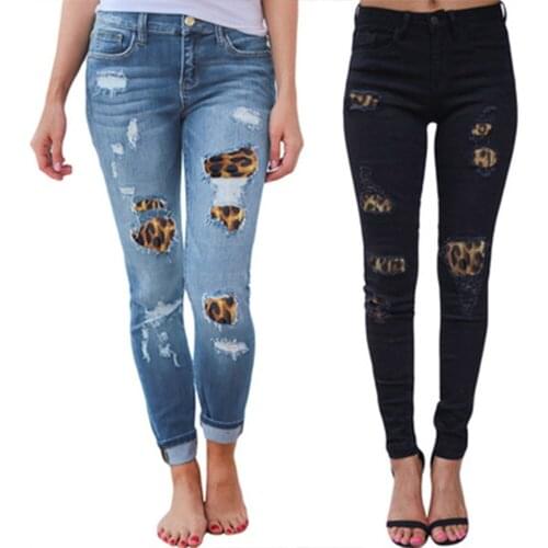 European and American leopard pattern ripped patch elastic feet jeans womens fall/winter tight elastic pencil pants
