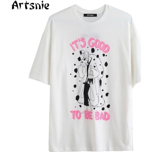 Artsnie disney cartoon print womens t shirt summer o neck short sleeve oversized tops female streetwear white t-shirts mujer