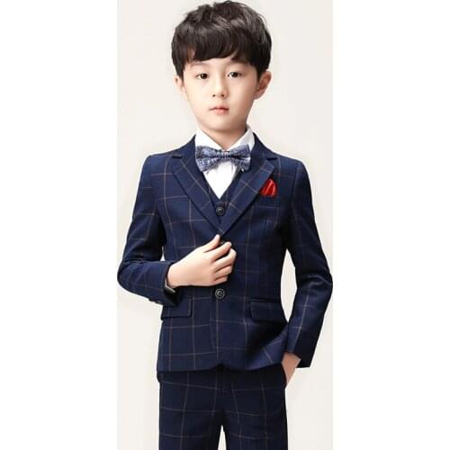 Flower Boys Wedding Dress Suit Set Child Plaid Blazer Vest Pants Shirts Bowtie Clothing Set Kids Piano Show Party Costume 2-16T