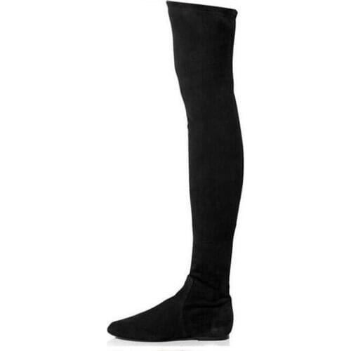 Hot Selling Black Suede Flat Over The Knee Boots Plus Size 10 Pointed Toe Stretch Fabric Tight High Boots Customized