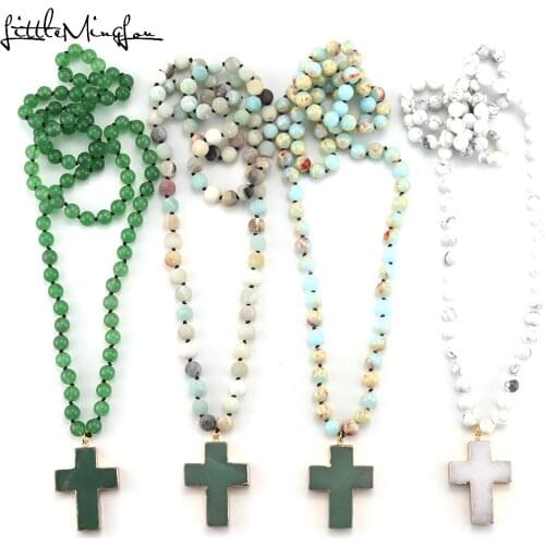 Fashion Bohemian Tribal Jewelry Natural Stones beads Knotted Stone jesus Cross Pendant girl Necklaces Women Ethnic Necklace