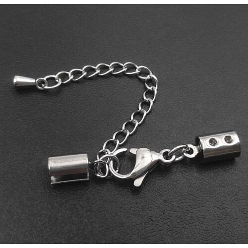 Stainless Steel Cord Crimp Ends Caps with Lobster Clasps Extender Chain Connectors Sets DIY Findings fit 2mm 3mm 4mm 5mm