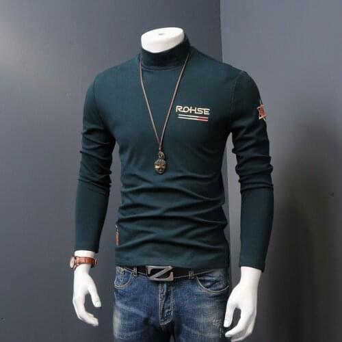 Men Half Turtleneck Thickened T-Shirts Fashion Printed Long Sleeve Tshirt