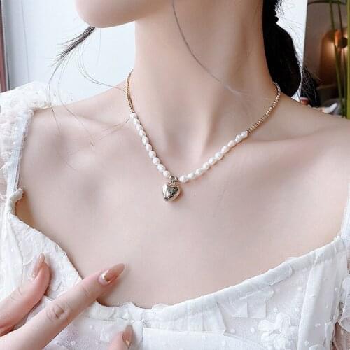 TIMEONLY Baroque Simulated Pearl Heart Pendant Necklaces for Women Girl Gold Color Alloy Beads Chokers Necklace Wedding Jewelry