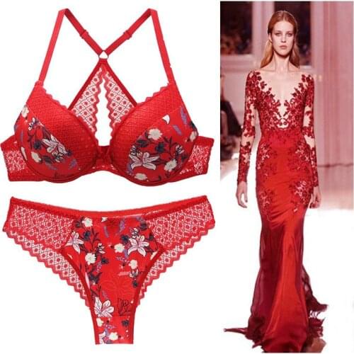 Sexy 3/4 Cup lace bra set women push up bra set sexy lace briefs lingerie underwear set