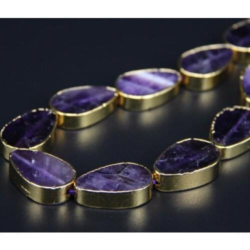 Approx 11pcs Natural Ame thyst Flat Teardrop center drilled beads,gold Edged purple Crystal Slab Pendants gems bracelets making