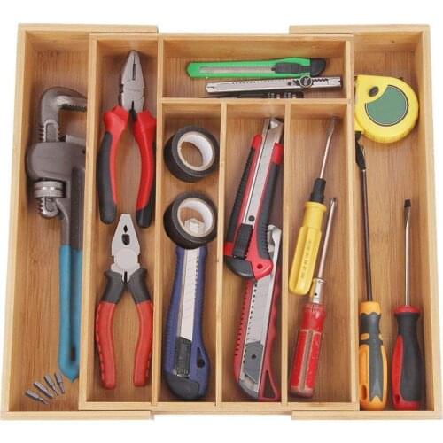 Adjustable Bamboo Drawer Kitchen Tableware Cutlery Storage Tray Box With 7 Compartments Daily Necessities Organizer Divider