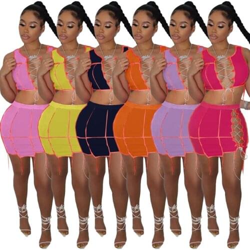 ZKYZWX Sexy Two Piece Club Outfits Summer Clothes for Women Night Clubwear Bandage Crop Top Bodycon Mini Dresses Matching Sets