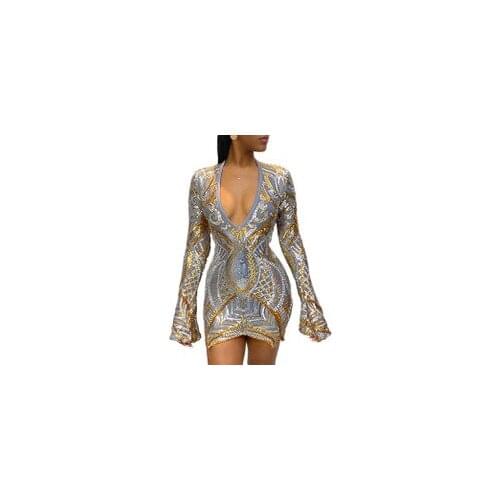 Adogirl Sequins V Neck Flare Long Sleeve Sexy Club Dress
