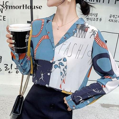 Spring Autumn Women Fashion Long Sleeves Satin Tops Vintage Femme V Neck Prints Shirts Office Elegant Silk Blouse shirts
