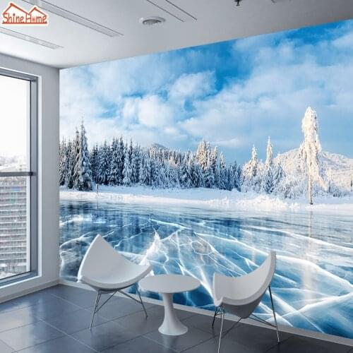 ShineHome-Custom 3D Wallpaper Winter Frozen Lake Ice and Cracks Hills Pines Blue Sky Wallpapers for 3 d Living Room Wall Paper