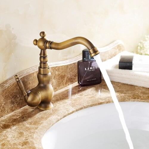 Whosale or retail antique brass 360 rotated sink basin faucet mixer tap, Single hole bathroom wash basin faucet hot and cold