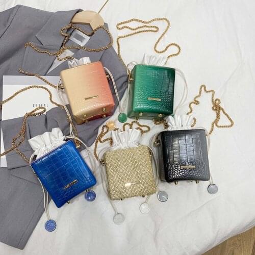Fashion Women Box Shape Gradient Color PU Leather Shoulder Crossbody Bag Casual Ladies Drawstring Chain Small Handbag Purse