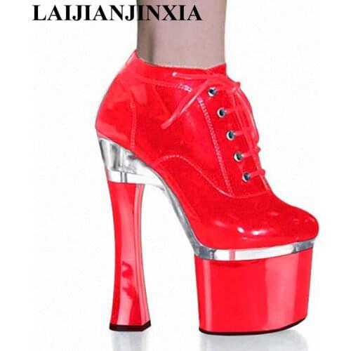 Patent Leather Wedding shoes Round toe Super high heels Platform 18CM Pumps Ankle Strappy Stiletto High Heels Woman Shoes