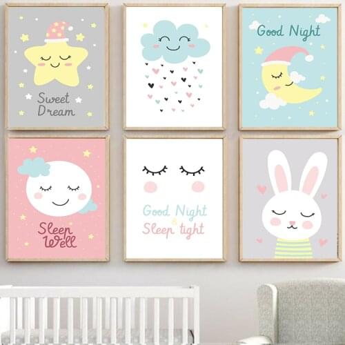 Warm Cartoon Rabbit Nebula Moon Wall Poster Canvas Art Print Simple Painting Nordic Kids Decoration Picture Baby Bedroom Decor