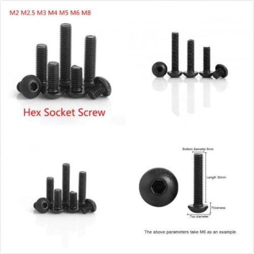 5/10/20/50pcs Hex Screw M2 M2.5 M3 M4 M5 M6 M8 Black Head Hex Socket Cap Screw Hexagon Socket Round Head Screws