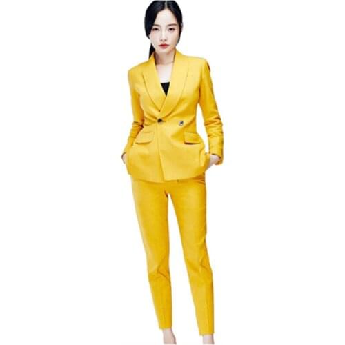 Yellow ladies suit fashion small suit suit spring and autumn self-cultivation wild suit two-piece suit women pants suits