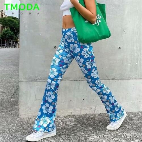 TMODA1315 Women Summer Floral Print Slimming Flare Thin Pants Office Lady High Side Zipper Fly Streetwear Long Trousers Mujer