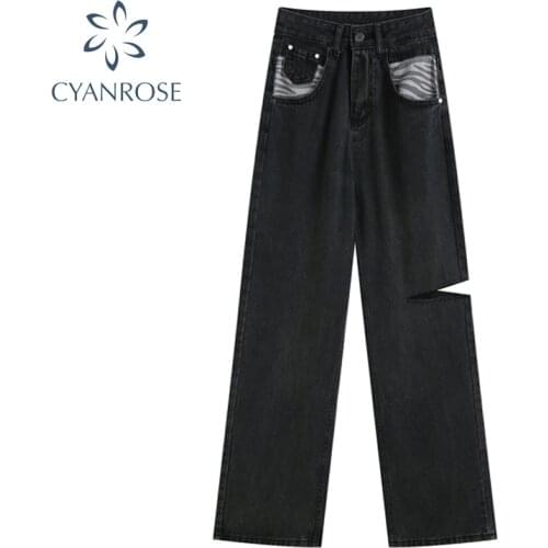 Women High Waist Jeans Side Ripped Hole Denim Straighted Tube Long Pants Harajuku Hip Hop Casual Trouser Female 2021 Y2k Jeans
