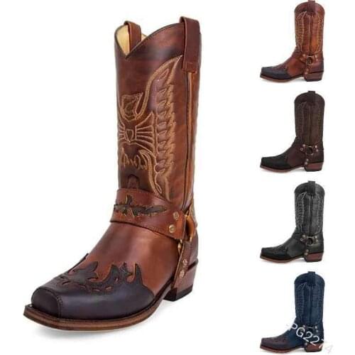 35-45 Embriodery Boots Women Mid-Calf Cowboy Boots 2020 Vintage Rivet Casual Shoes Female Thick Heel Cowboy Boots for Women Shoe