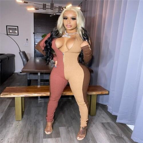 FUFUCAILLM Women Fashion Stitching Strip Zipper Slim Fit Long Sleeve Jumpsuit Women Sexy Skinny Bodycon 2020 Fashion Jumpsuit