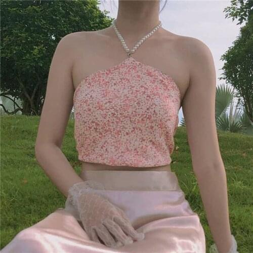 Hirigin Floral Print Sexy Women Tube Tops Cropped 2021 Pearls Chain Patchwork Halter Backless Tank Off Shoulder Backless Vest