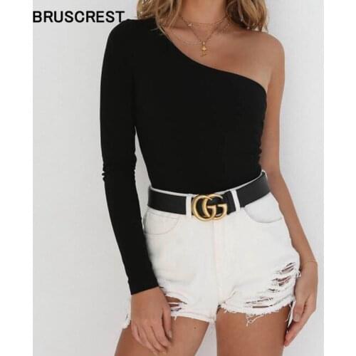 Sexy bodysuit women off shoulder asymmetrical one long sleeve slope neckline Summer 2021 black white solid swimsuit female