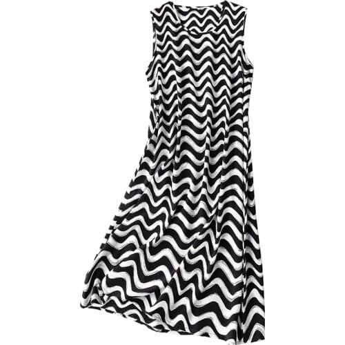 Summer Women Sleeveless Knee Length Casual Style Geometric Print V Neck 100% Silk Dress