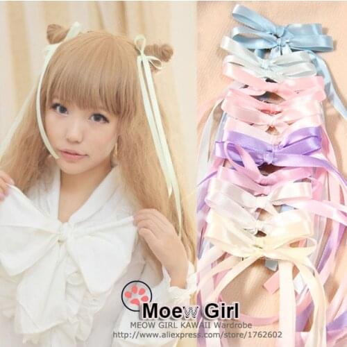 1 Pair Super Cute Girls Women Lolita Long Ribbon Hairpin Kawaii Bow hair clip AMO style for Twintail Pig Tails