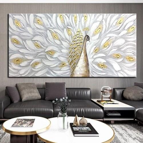 100% Handpainted Golden Beautiful Peacock Animal Abstract Hand Made Oil Painting Wall Art Home Decor Modern On Canvas Unframe