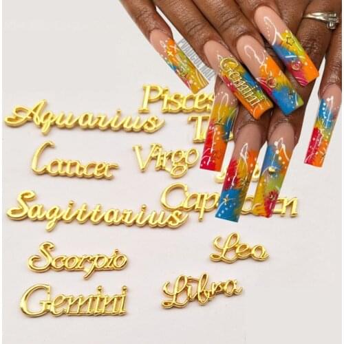 12pcs Nail Art Charm 3D Alloy Gold Constellation Letters Shape Crystal Rhinestone Press On Tips Decoration
