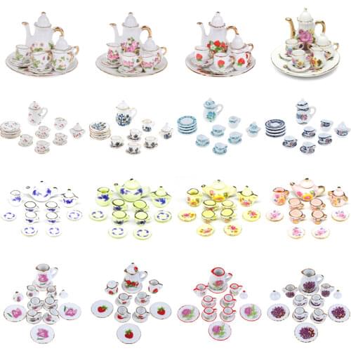 8pcs Dollhouse Miniature Dining Ware Porcelain Tea Set Dish Cup Plate -Pink Rose