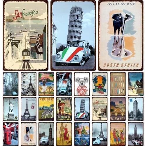 Abstract Style Landscape Iron Painting San Francisco Eiffel Tower Car Vintage Anti Fading Decorative Plaque Metal Tin Sign