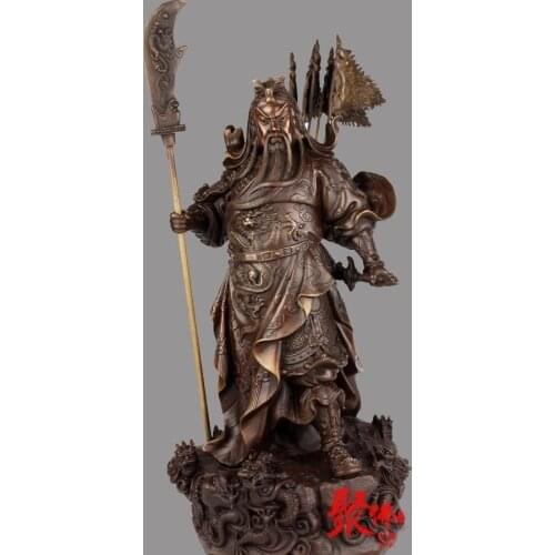 Free shipping China Bronze Copper 5 Flag Dragon Guan Gong Guan Yu Budda God Hold Sword Statue