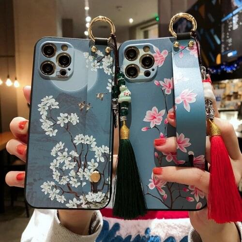 Wrist Strap Phone Holder Case For iphone 11 Case For iphone 12 11 Pro Max SE X XR Xs max 8 7 6 Plus Flower Soft TPU Lanyard Case