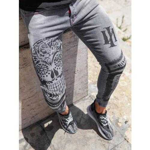Premium Quality Brand Stretch Jeans Men New skull printing Letter Trouse Gray Jeans Homme skinny jeans
