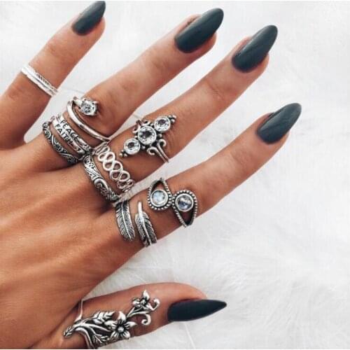 HuaTang 13pcs Vintage Crystal Hollow Flower Ring Set for Women Antique Silver Color Geometric Knuckle Midi Rings Anillo 7013