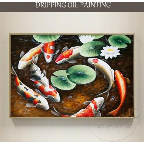 Artist Hand-painted Koi Carp Oil Painting on Canvas Chinese Fish 9 Carps Oil Painting Traditional China Fishes Oil Painting